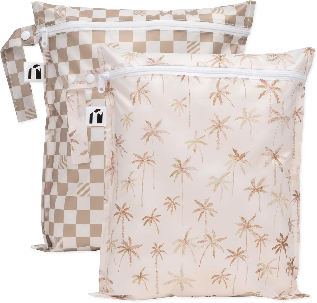 Larger Waterproof Wet Bag - For Baby, Travel, Swim Suit, Cloth Diapers, Pump Parts, Pool, Gym, Toiletry, Strap to Stroller - Reusable & Easy to Clean - 2pk - Beige & Pink Check