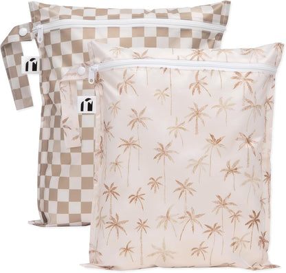 Larger Waterproof Wet Bag - For Baby, Travel, Swim Suit, Cloth Diapers, Pump Parts, Pool, Gym, Toiletry, Strap to Stroller - Reusable & Easy to Clean - 2pk - Beige & Pink Check