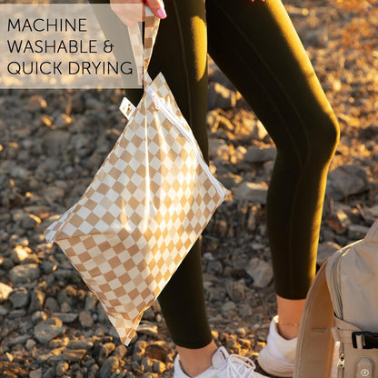 Larger Waterproof Wet Bag - For Baby, Travel, Swim Suit, Cloth Diapers, Pump Parts, Pool, Gym, Toiletry, Strap to Stroller - Reusable & Easy to Clean - 2pk - Beige & Pink Check