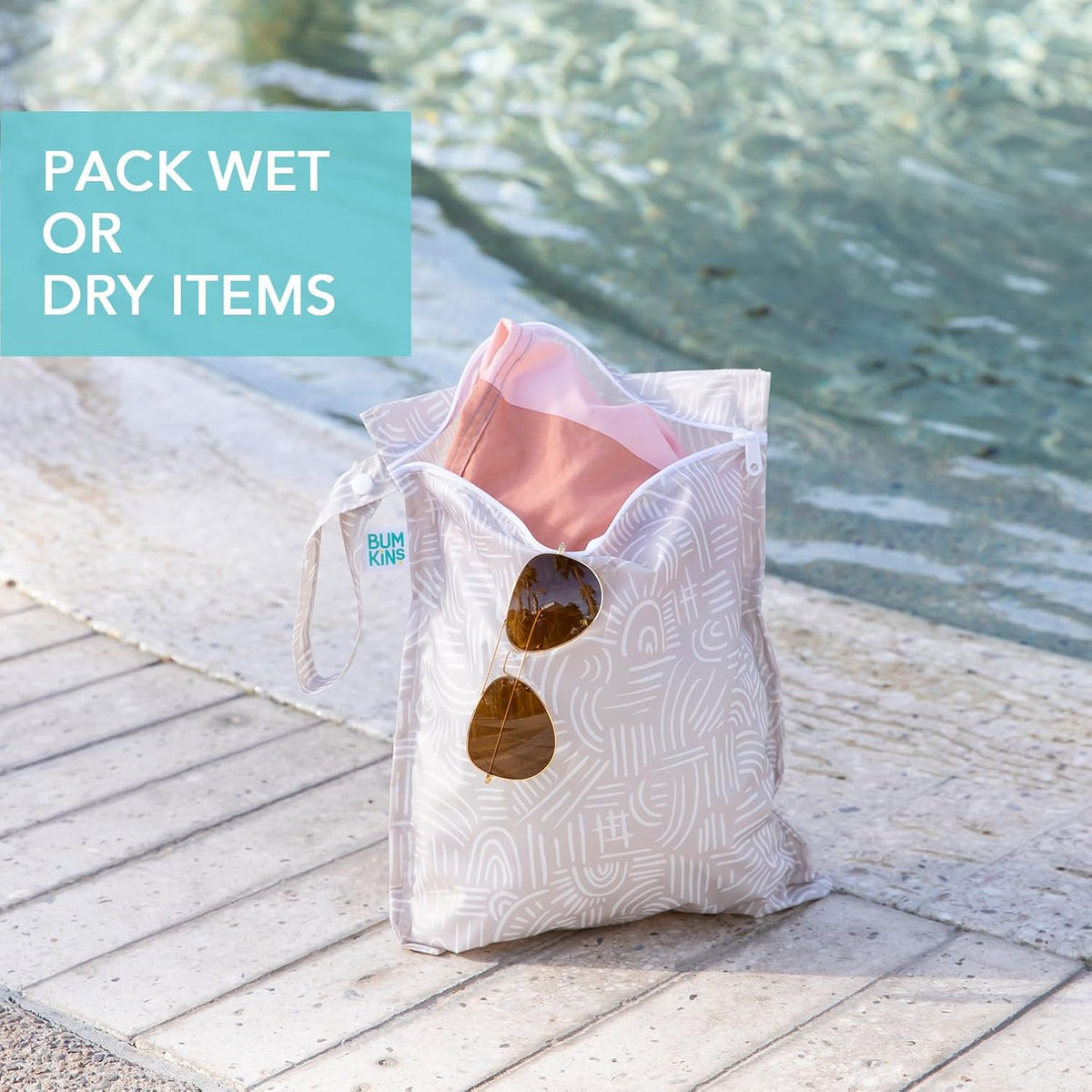 Larger Waterproof Wet Bag - For Baby, Travel, Swim Suit, Cloth Diapers, Pump Parts, Pool, Gym, Toiletry, Strap to Stroller - Reusable & Easy to Clean - 2pk - Beige & Pink Check