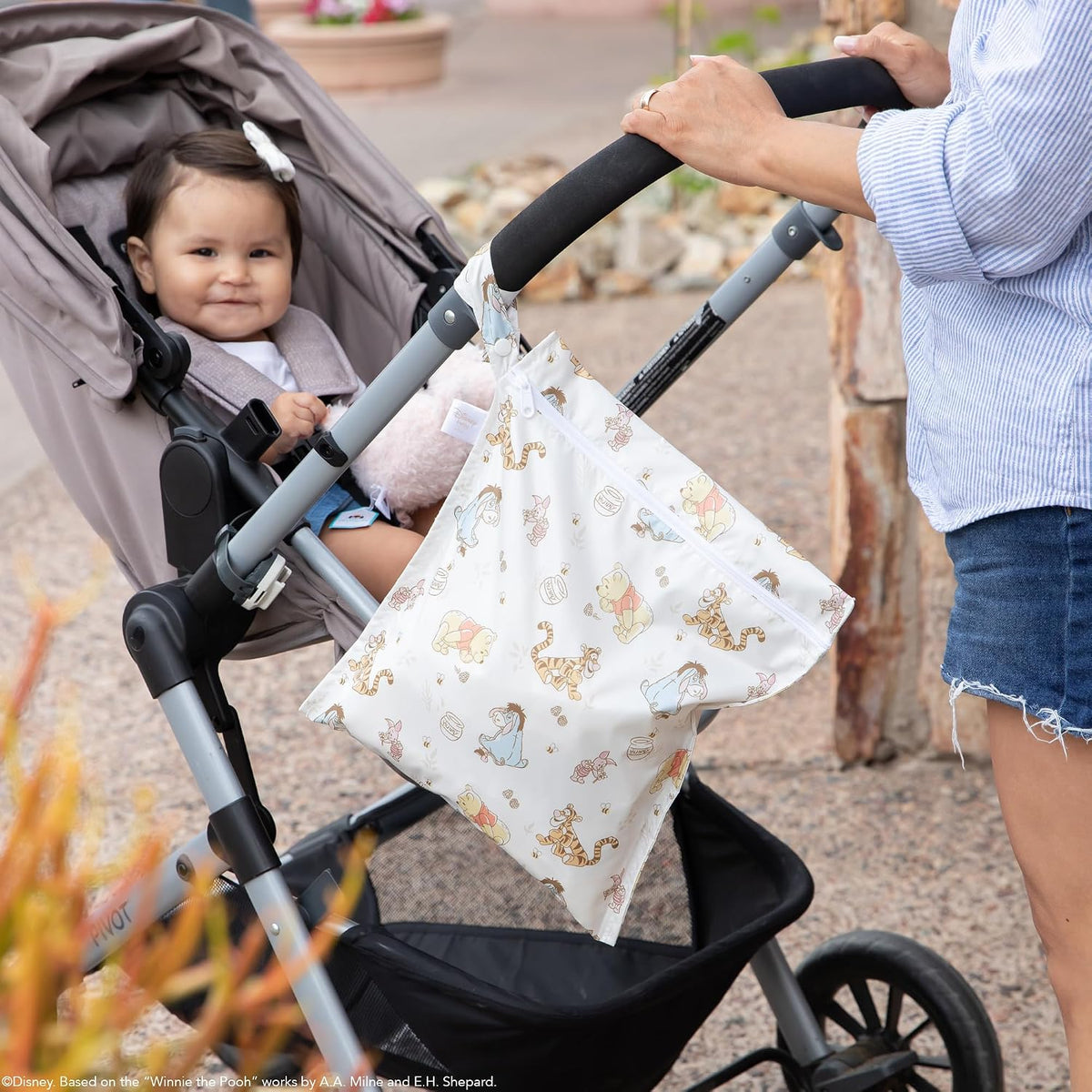 Larger Waterproof Wet Bag - For Baby, Travel, Swim Suit, Cloth Diapers, Pump Parts, Pool, Gym, Toiletry, Strap to Stroller - Reusable & Easy to Clean - 2pk - Beige & Pink Check