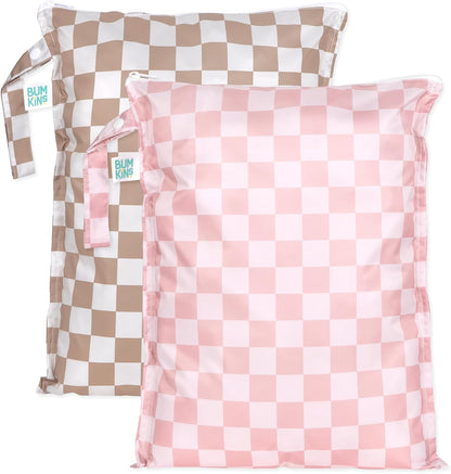 Larger Waterproof Wet Bag - For Baby, Travel, Swim Suit, Cloth Diapers, Pump Parts, Pool, Gym, Toiletry, Strap to Stroller - Reusable & Easy to Clean - 2pk - Beige & Pink Check