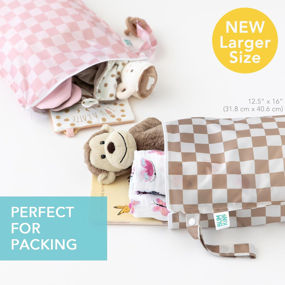 Larger Waterproof Wet Bag - For Baby, Travel, Swim Suit, Cloth Diapers, Pump Parts, Pool, Gym, Toiletry, Strap to Stroller - Reusable & Easy to Clean - 2pk - Beige & Pink Check