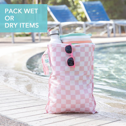 Larger Waterproof Wet Bag - For Baby, Travel, Swim Suit, Cloth Diapers, Pump Parts, Pool, Gym, Toiletry, Strap to Stroller - Reusable & Easy to Clean - 2pk - Beige & Pink Check