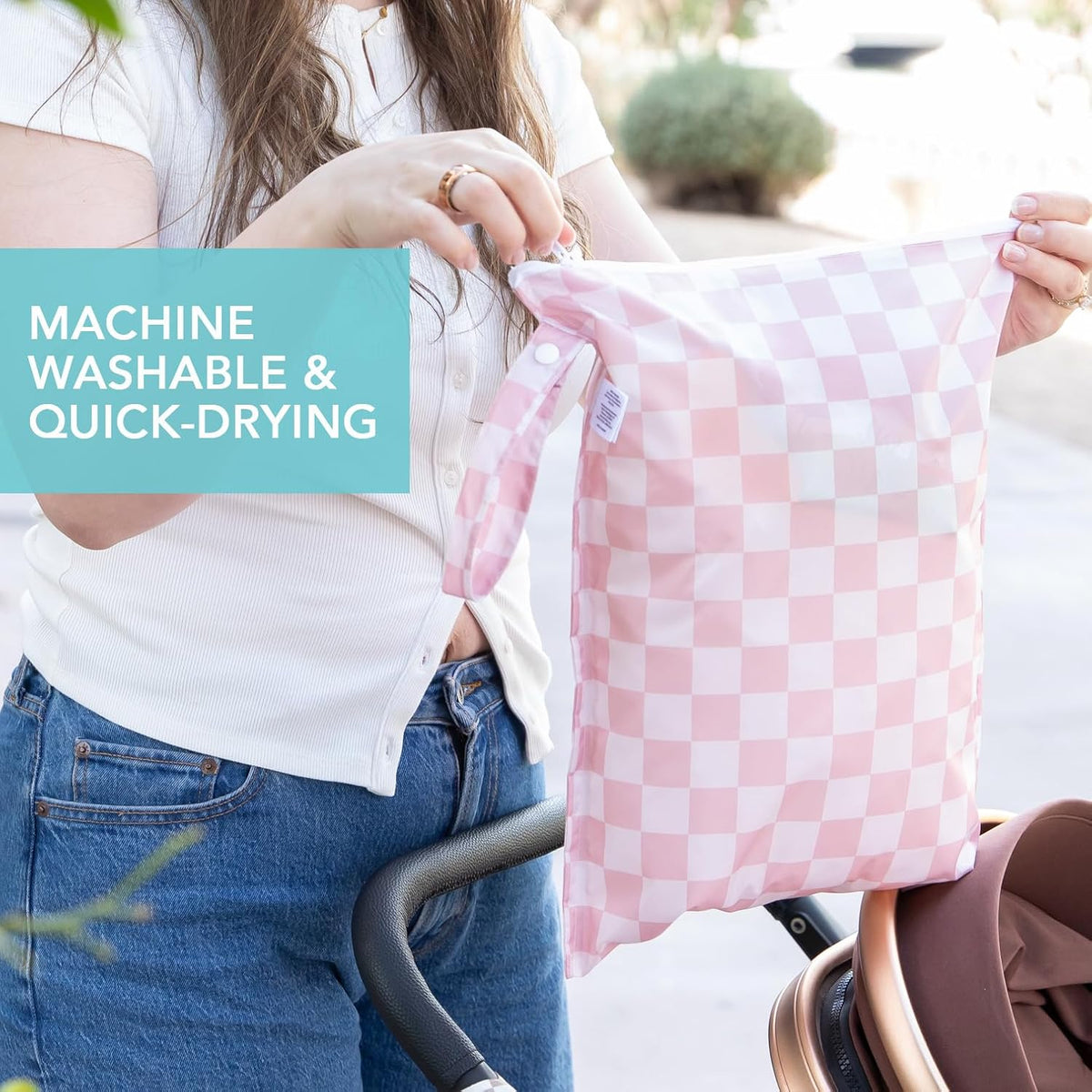 Larger Waterproof Wet Bag - For Baby, Travel, Swim Suit, Cloth Diapers, Pump Parts, Pool, Gym, Toiletry, Strap to Stroller - Reusable & Easy to Clean - 2pk - Beige & Pink Check