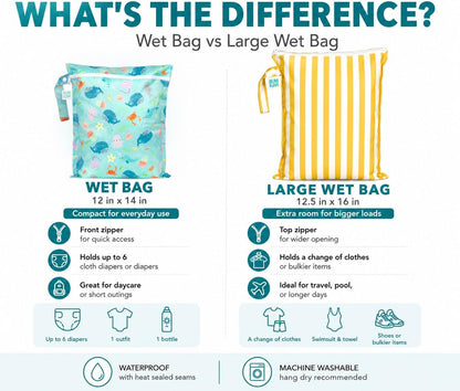 Larger Waterproof Wet Bag - For Baby, Travel, Swim Suit, Cloth Diapers, Pump Parts, Pool, Gym, Toiletry, Strap to Stroller - Reusable & Easy to Clean - 2pk - Beige & Pink Check