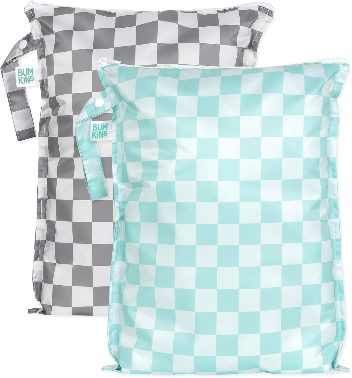 Larger Waterproof Wet Bag - For Baby, Travel, Swim Suit, Cloth Diapers, Pump Parts, Pool, Gym, Toiletry, Strap to Stroller - Reusable & Easy to Clean - 2pk - Beige & Pink Check