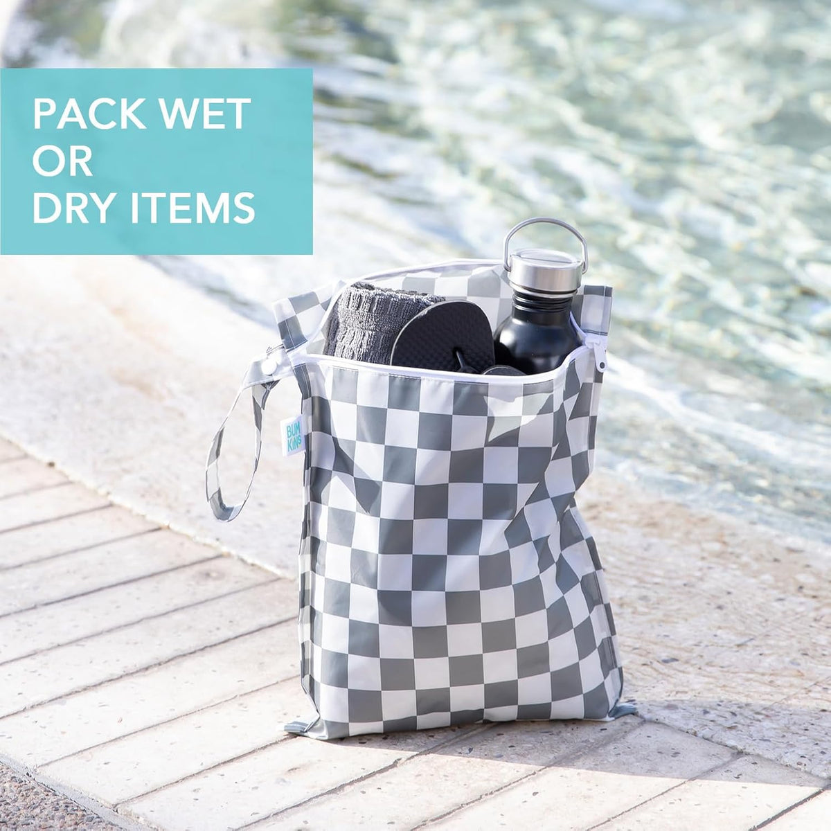 Larger Waterproof Wet Bag - For Baby, Travel, Swim Suit, Cloth Diapers, Pump Parts, Pool, Gym, Toiletry, Strap to Stroller - Reusable & Easy to Clean - 2pk - Beige & Pink Check