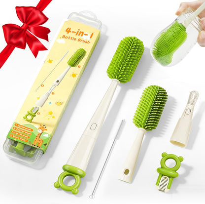 Bottle Cleaning Brush Set 4 in 1, Baby Bottle Cleaner Includes Silicone Bottle Brush, Nipple Brush, Detail Brush & Straw Brush, Portable Long Handle Bottles Scrubber Cleaning Tool, Dishwasher Safe