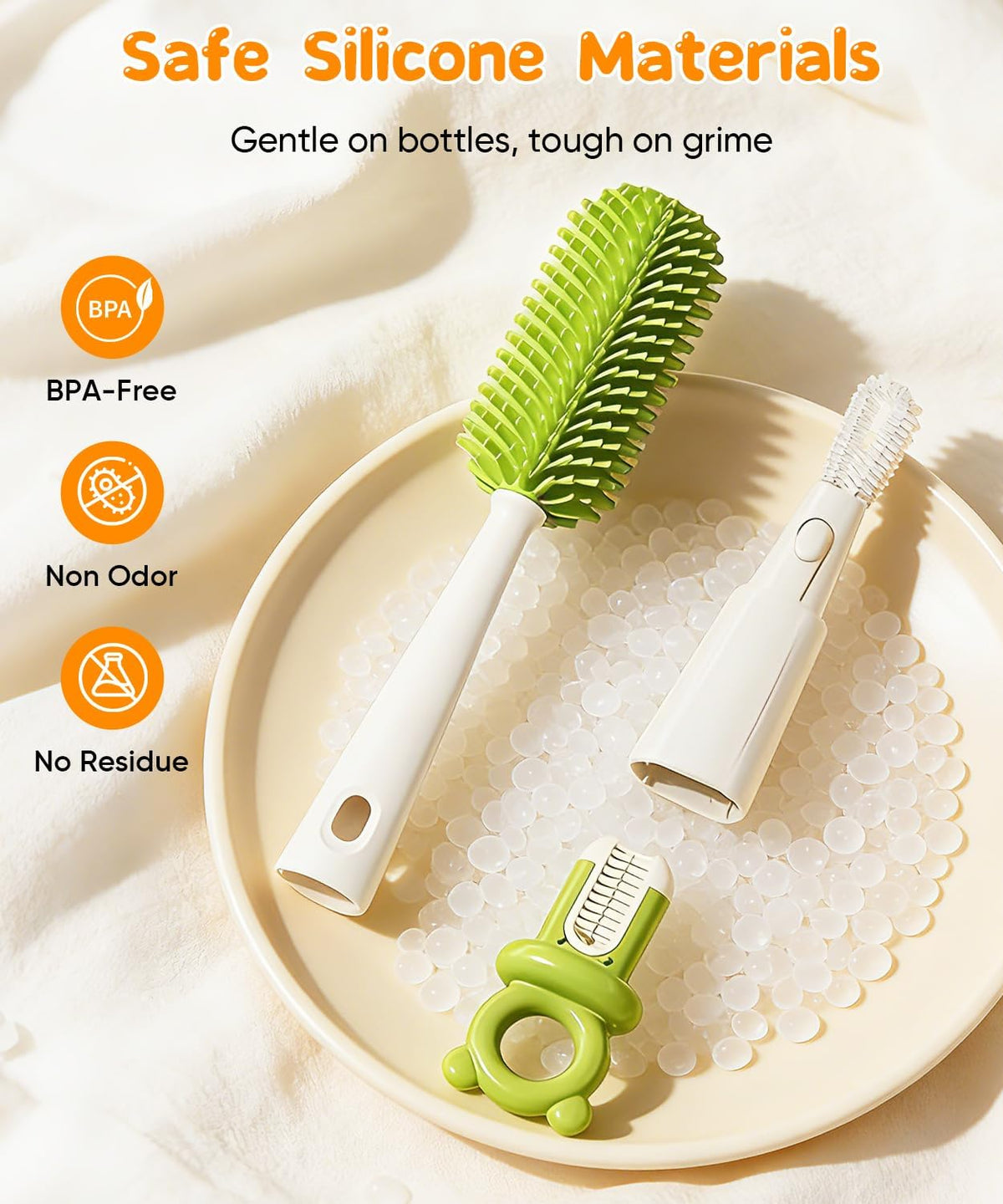 Bottle Cleaning Brush Set 4 in 1, Baby Bottle Cleaner Includes Silicone Bottle Brush, Nipple Brush, Detail Brush & Straw Brush, Portable Long Handle Bottles Scrubber Cleaning Tool, Dishwasher Safe