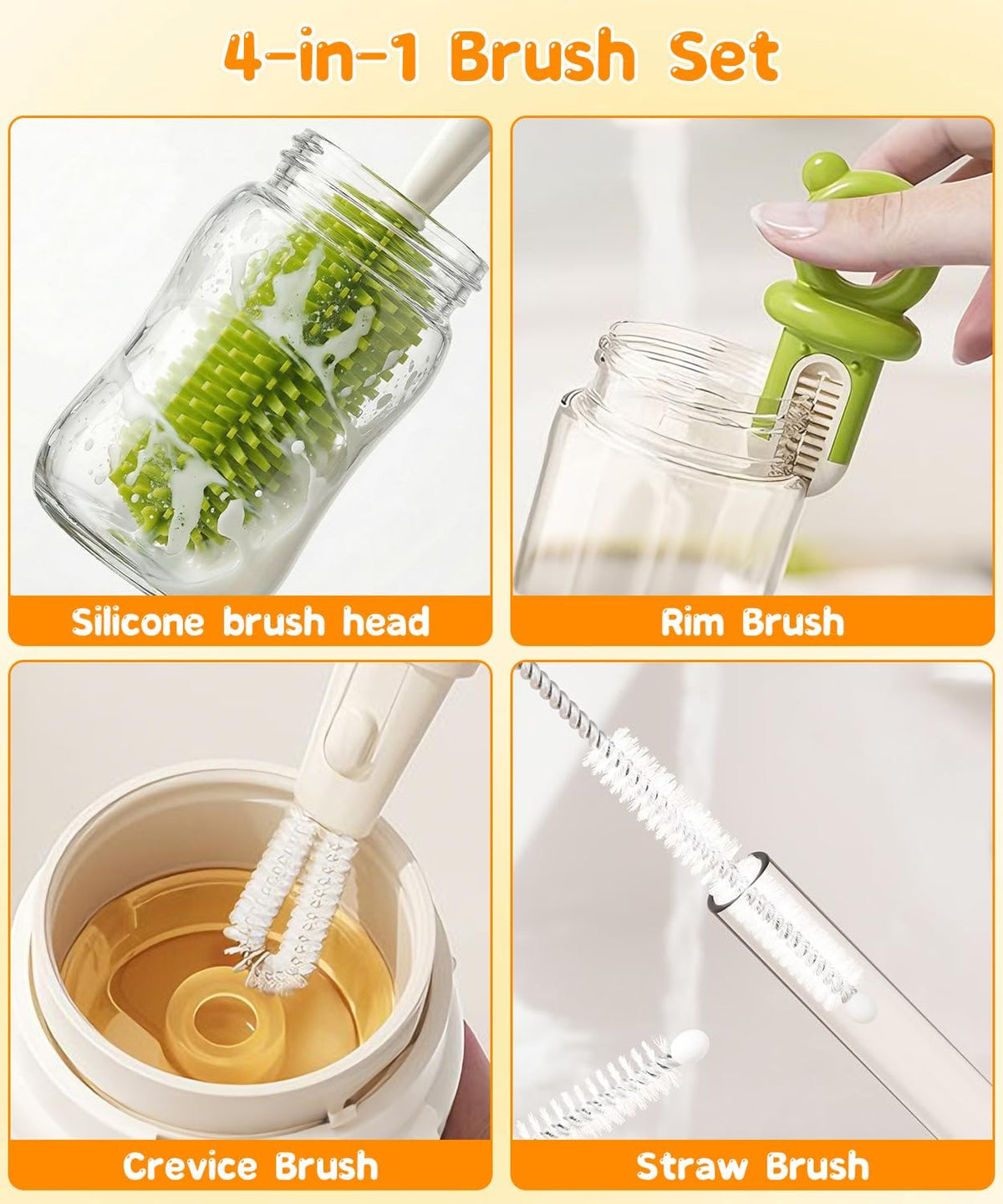 Bottle Cleaning Brush Set 4 in 1, Baby Bottle Cleaner Includes Silicone Bottle Brush, Nipple Brush, Detail Brush & Straw Brush, Portable Long Handle Bottles Scrubber Cleaning Tool, Dishwasher Safe