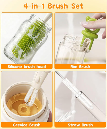 Bottle Cleaning Brush Set 4 in 1, Baby Bottle Cleaner Includes Silicone Bottle Brush, Nipple Brush, Detail Brush & Straw Brush, Portable Long Handle Bottles Scrubber Cleaning Tool, Dishwasher Safe
