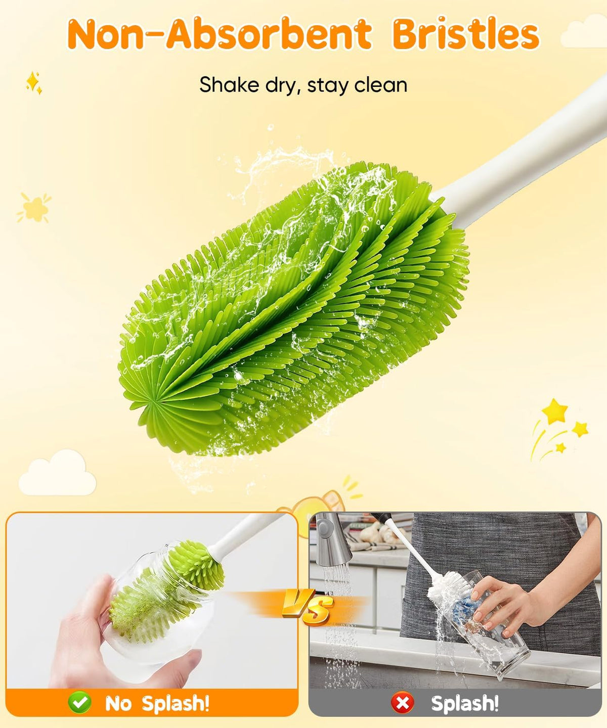 Bottle Cleaning Brush Set 4 in 1, Baby Bottle Cleaner Includes Silicone Bottle Brush, Nipple Brush, Detail Brush & Straw Brush, Portable Long Handle Bottles Scrubber Cleaning Tool, Dishwasher Safe
