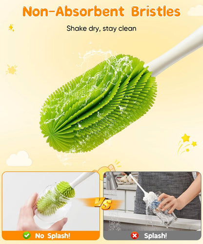 Bottle Cleaning Brush Set 4 in 1, Baby Bottle Cleaner Includes Silicone Bottle Brush, Nipple Brush, Detail Brush & Straw Brush, Portable Long Handle Bottles Scrubber Cleaning Tool, Dishwasher Safe