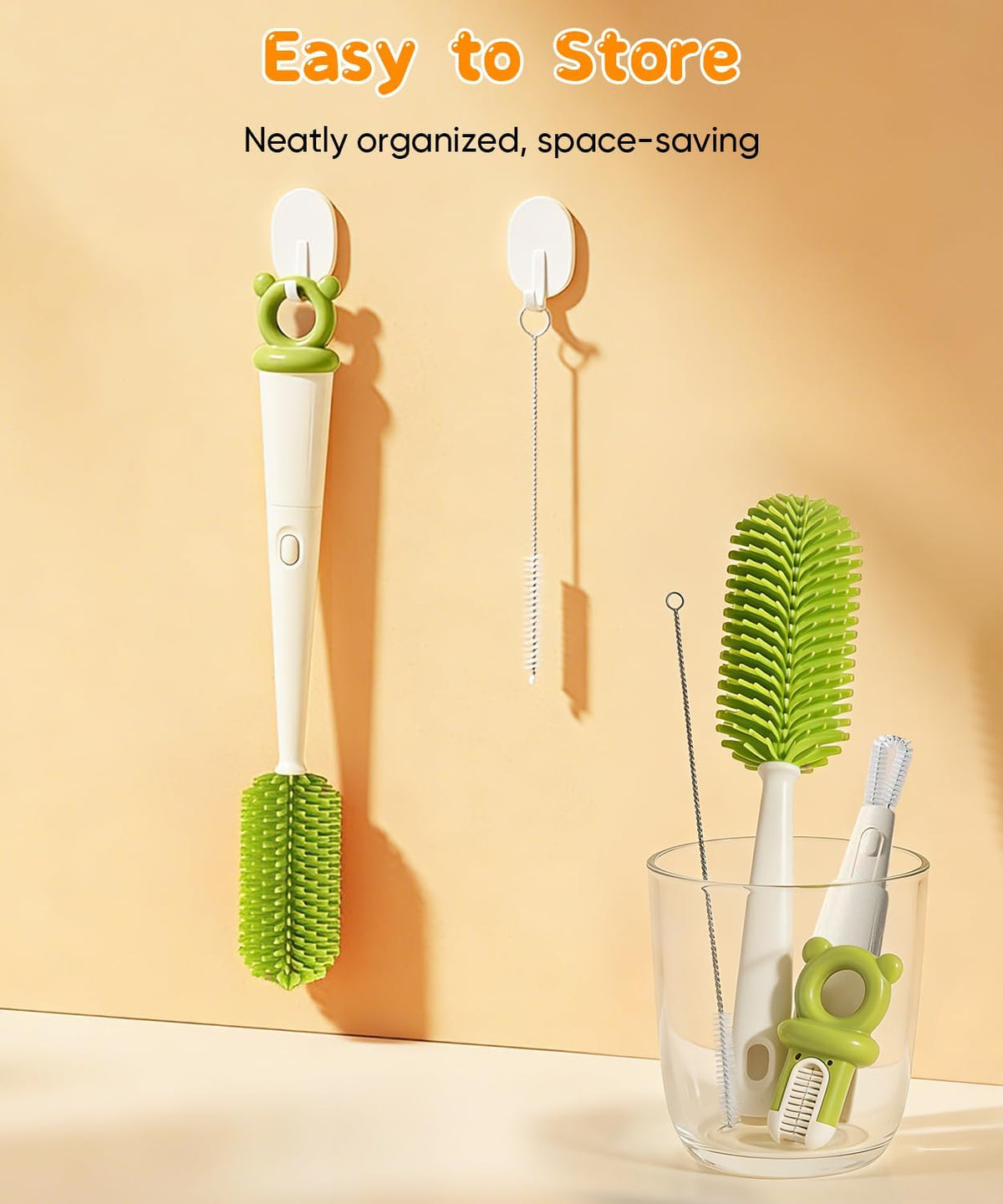Bottle Cleaning Brush Set 4 in 1, Baby Bottle Cleaner Includes Silicone Bottle Brush, Nipple Brush, Detail Brush & Straw Brush, Portable Long Handle Bottles Scrubber Cleaning Tool, Dishwasher Safe