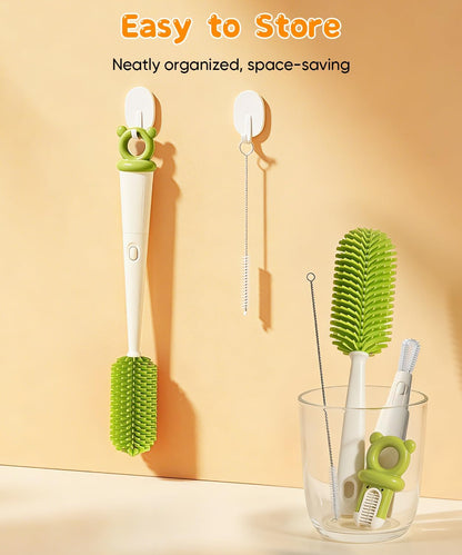 Bottle Cleaning Brush Set 4 in 1, Baby Bottle Cleaner Includes Silicone Bottle Brush, Nipple Brush, Detail Brush & Straw Brush, Portable Long Handle Bottles Scrubber Cleaning Tool, Dishwasher Safe