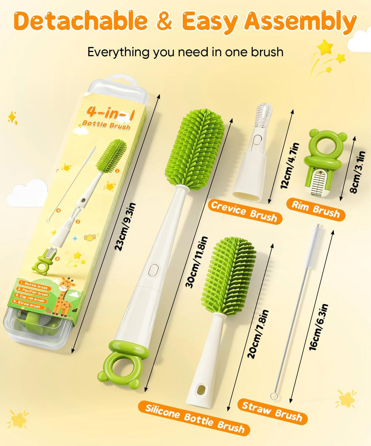 Bottle Cleaning Brush Set 4 in 1, Baby Bottle Cleaner Includes Silicone Bottle Brush, Nipple Brush, Detail Brush & Straw Brush, Portable Long Handle Bottles Scrubber Cleaning Tool, Dishwasher Safe