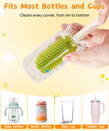 Bottle Cleaning Brush Set 4 in 1, Baby Bottle Cleaner Includes Silicone Bottle Brush, Nipple Brush, Detail Brush & Straw Brush, Portable Long Handle Bottles Scrubber Cleaning Tool, Dishwasher Safe