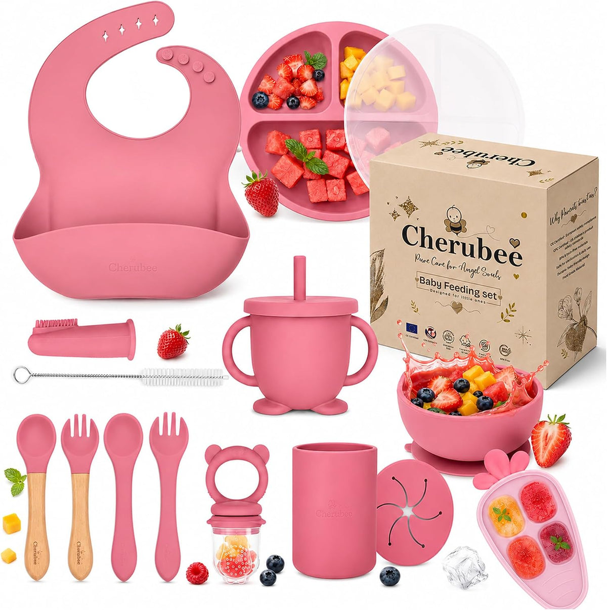 Baby Feeding Essentials Silicone Baby Feeding Set 15-Pcs | Suction Plate with Lid, Bowl, Adjustable Bib, Sippy Cup, Snack Cup, Spoon, Fork, Pacifier, Brush & Ice Tray | CE & CPC Certified