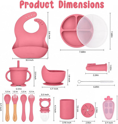 Baby Feeding Essentials Silicone Baby Feeding Set 15-Pcs | Suction Plate with Lid, Bowl, Adjustable Bib, Sippy Cup, Snack Cup, Spoon, Fork, Pacifier, Brush & Ice Tray | CE & CPC Certified