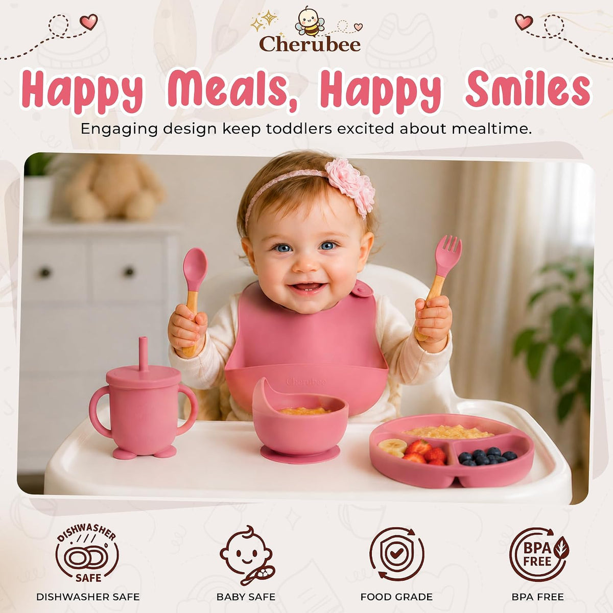 Baby Feeding Essentials Silicone Baby Feeding Set 15-Pcs | Suction Plate with Lid, Bowl, Adjustable Bib, Sippy Cup, Snack Cup, Spoon, Fork, Pacifier, Brush & Ice Tray | CE & CPC Certified