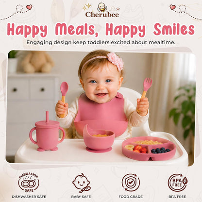 Baby Feeding Essentials Silicone Baby Feeding Set 15-Pcs | Suction Plate with Lid, Bowl, Adjustable Bib, Sippy Cup, Snack Cup, Spoon, Fork, Pacifier, Brush & Ice Tray | CE & CPC Certified