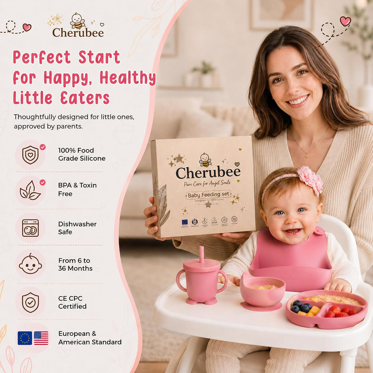 Baby Feeding Essentials Silicone Baby Feeding Set 15-Pcs | Suction Plate with Lid, Bowl, Adjustable Bib, Sippy Cup, Snack Cup, Spoon, Fork, Pacifier, Brush & Ice Tray | CE & CPC Certified