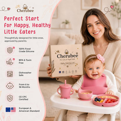 Baby Feeding Essentials Silicone Baby Feeding Set 15-Pcs | Suction Plate with Lid, Bowl, Adjustable Bib, Sippy Cup, Snack Cup, Spoon, Fork, Pacifier, Brush & Ice Tray | CE & CPC Certified