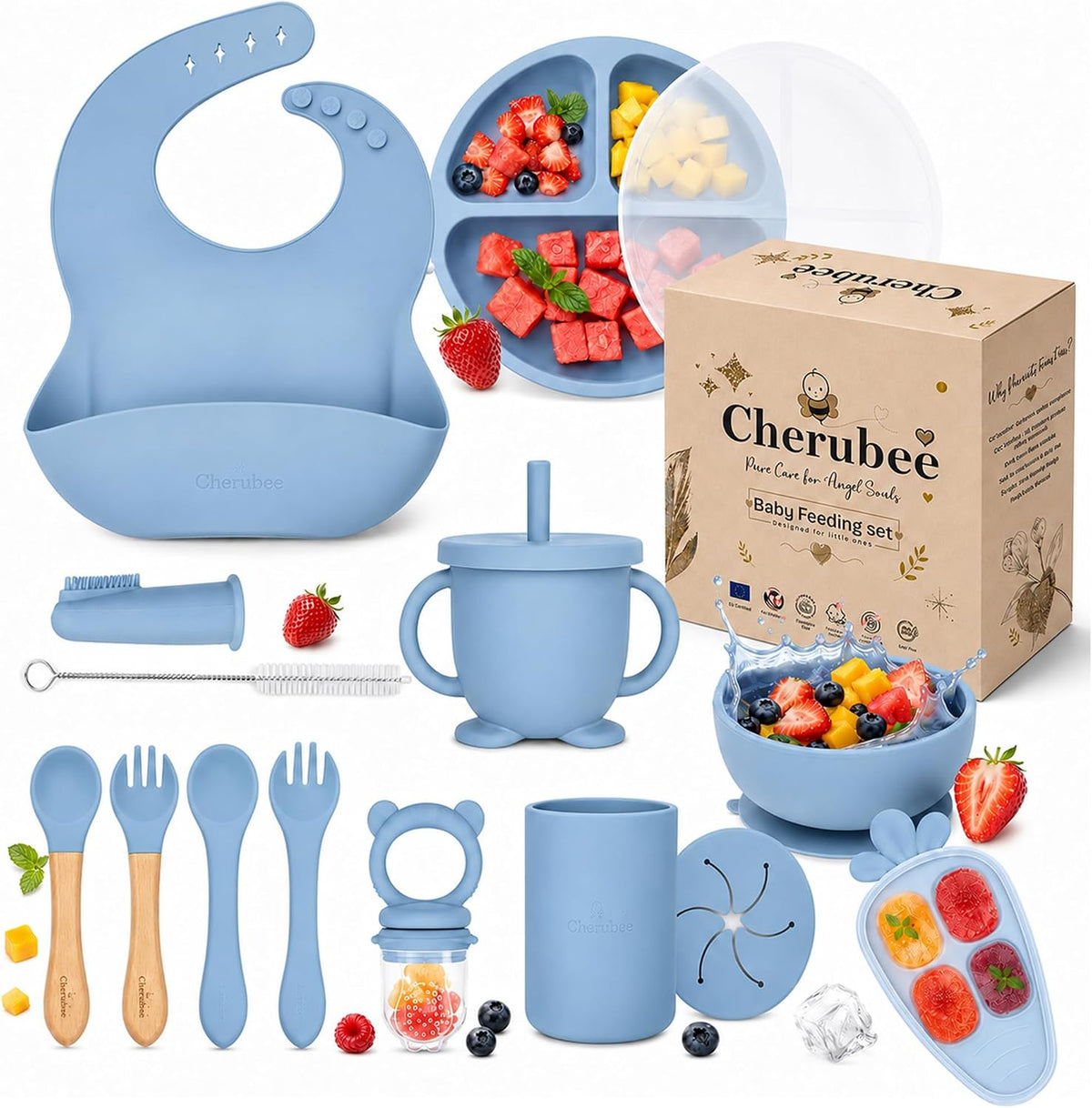 Baby Feeding Essentials Silicone Baby Feeding Set 15-Pcs | Suction Plate with Lid, Bowl, Adjustable Bib, Sippy Cup, Snack Cup, Spoon, Fork, Pacifier, Brush & Ice Tray | CE & CPC Certified