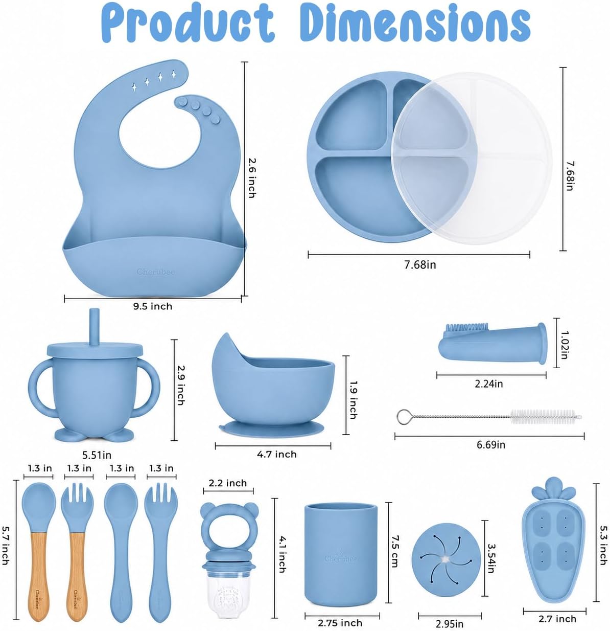 Baby Feeding Essentials Silicone Baby Feeding Set 15-Pcs | Suction Plate with Lid, Bowl, Adjustable Bib, Sippy Cup, Snack Cup, Spoon, Fork, Pacifier, Brush & Ice Tray | CE & CPC Certified