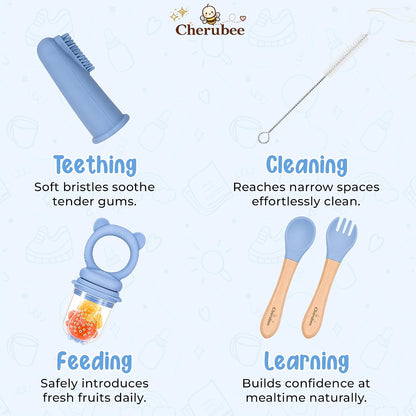 Baby Feeding Essentials Silicone Baby Feeding Set 15-Pcs | Suction Plate with Lid, Bowl, Adjustable Bib, Sippy Cup, Snack Cup, Spoon, Fork, Pacifier, Brush & Ice Tray | CE & CPC Certified