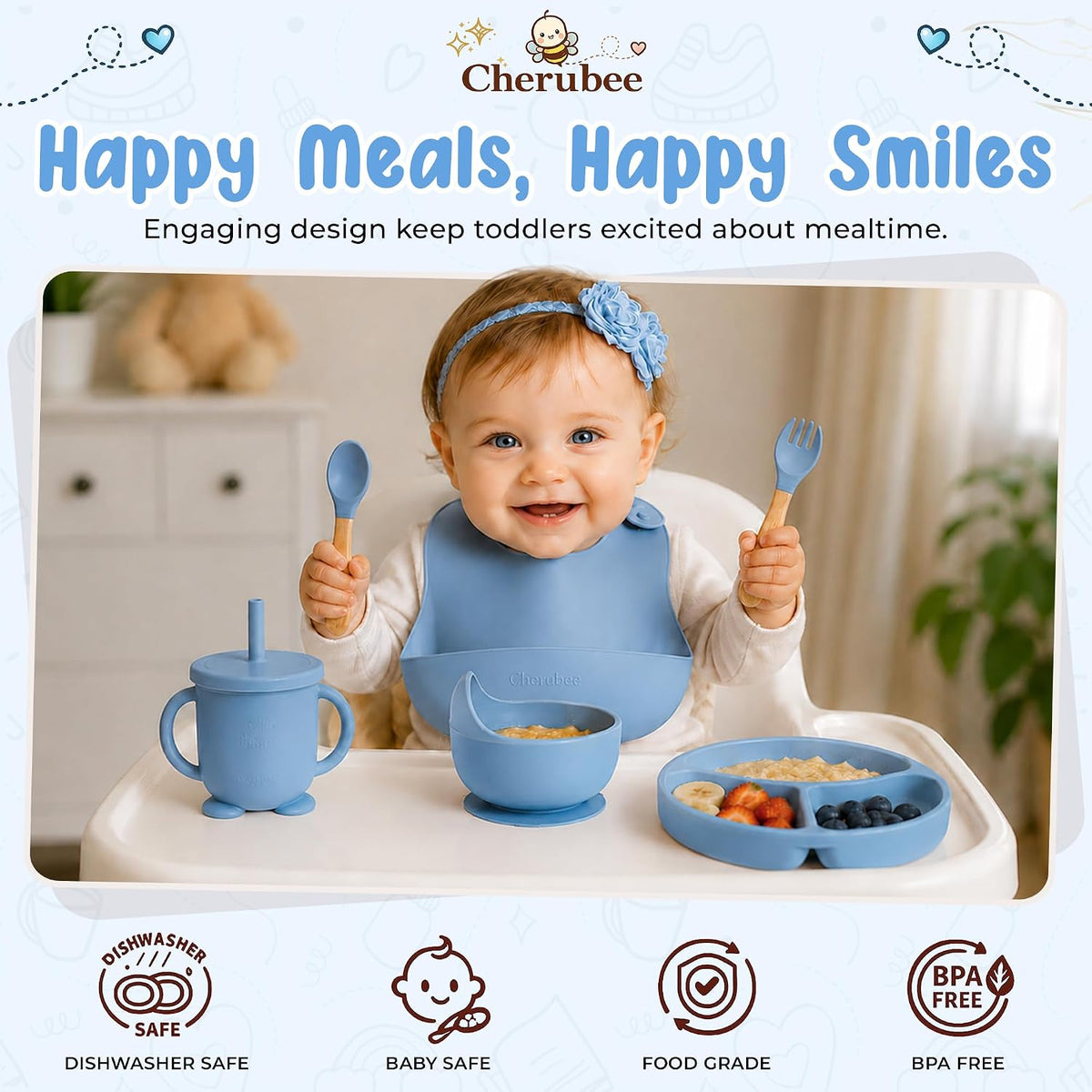 Baby Feeding Essentials Silicone Baby Feeding Set 15-Pcs | Suction Plate with Lid, Bowl, Adjustable Bib, Sippy Cup, Snack Cup, Spoon, Fork, Pacifier, Brush & Ice Tray | CE & CPC Certified