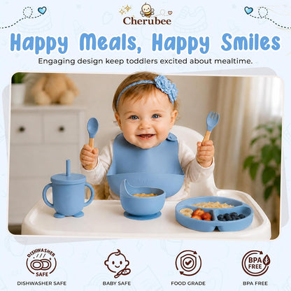 Baby Feeding Essentials Silicone Baby Feeding Set 15-Pcs | Suction Plate with Lid, Bowl, Adjustable Bib, Sippy Cup, Snack Cup, Spoon, Fork, Pacifier, Brush & Ice Tray | CE & CPC Certified