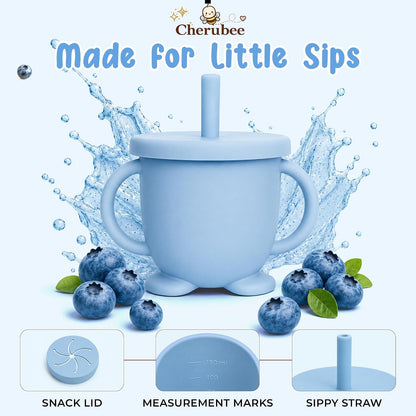Baby Feeding Essentials Silicone Baby Feeding Set 15-Pcs | Suction Plate with Lid, Bowl, Adjustable Bib, Sippy Cup, Snack Cup, Spoon, Fork, Pacifier, Brush & Ice Tray | CE & CPC Certified