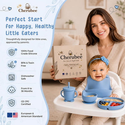 Baby Feeding Essentials Silicone Baby Feeding Set 15-Pcs | Suction Plate with Lid, Bowl, Adjustable Bib, Sippy Cup, Snack Cup, Spoon, Fork, Pacifier, Brush & Ice Tray | CE & CPC Certified