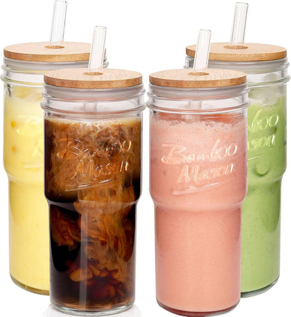 Glass Cups With Lids And Straws, Leakproof Tumbler 24oz Mason Jar Cups, Cap Cup Leak-Proof, Self-Assembly Silicone Straw, Reusable Iced Coffee Smoothie Matcha Cup Aesthetic Coffee Gifts Women