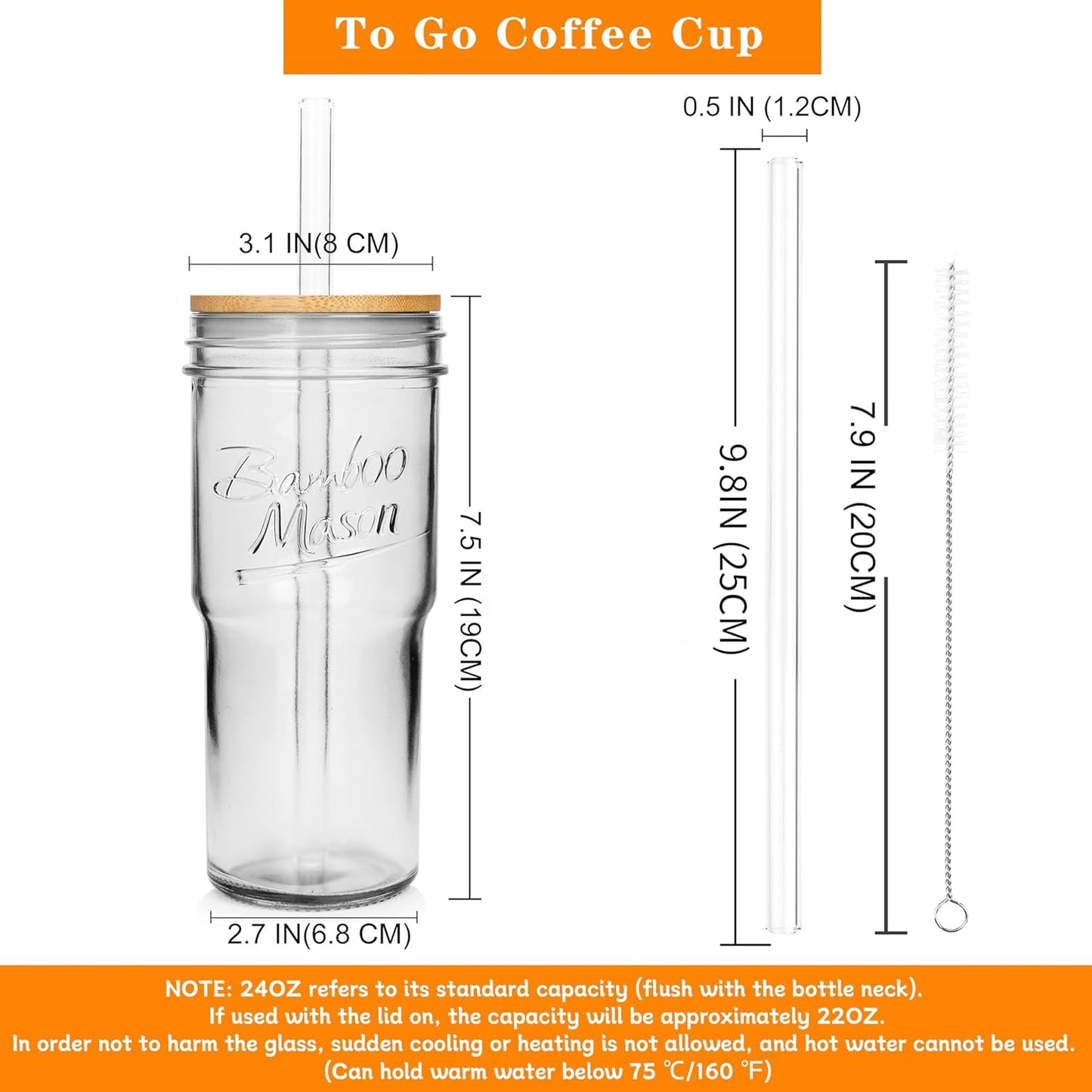 Glass Cups With Lids And Straws, Leakproof Tumbler 24oz Mason Jar Cups, Cap Cup Leak-Proof, Self-Assembly Silicone Straw, Reusable Iced Coffee Smoothie Matcha Cup Aesthetic Coffee Gifts Women