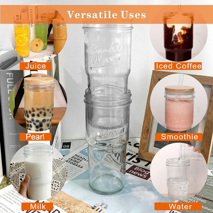 Glass Cups With Lids And Straws, Leakproof Tumbler 24oz Mason Jar Cups, Cap Cup Leak-Proof, Self-Assembly Silicone Straw, Reusable Iced Coffee Smoothie Matcha Cup Aesthetic Coffee Gifts Women