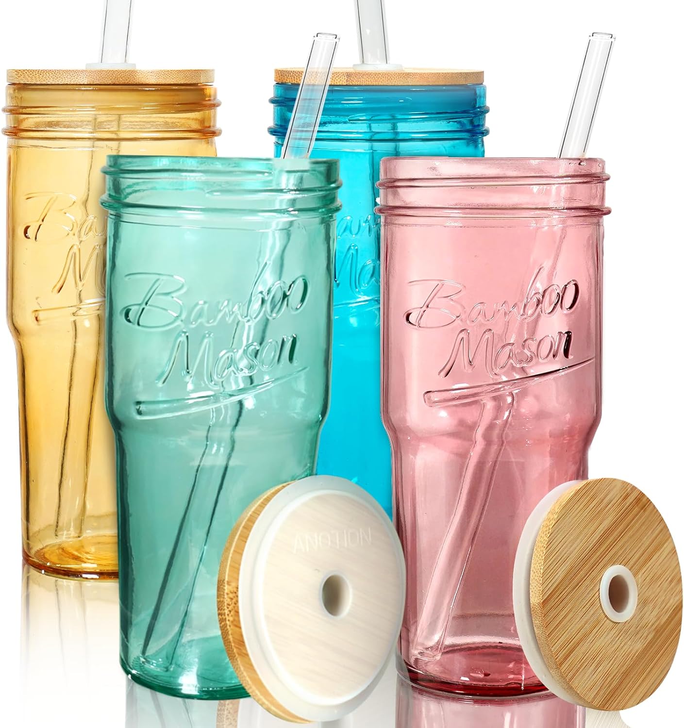 Glass Cups With Lids And Straws, Leakproof Tumbler 24oz Mason Jar Cups, Cap Cup Leak-Proof, Self-Assembly Silicone Straw, Reusable Iced Coffee Smoothie Matcha Cup Aesthetic Coffee Gifts Women
