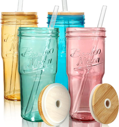 Glass Cups With Lids And Straws, Leakproof Tumbler 24oz Mason Jar Cups, Cap Cup Leak-Proof, Self-Assembly Silicone Straw, Reusable Iced Coffee Smoothie Matcha Cup Aesthetic Coffee Gifts Women