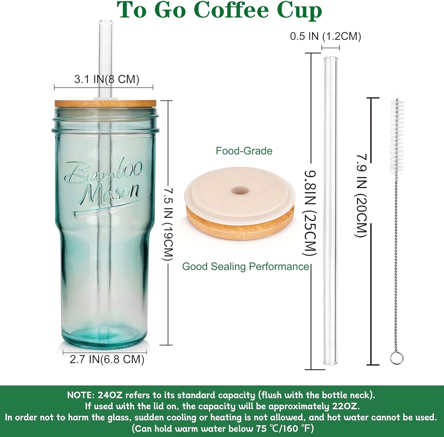 Glass Cups With Lids And Straws, Leakproof Tumbler 24oz Mason Jar Cups, Cap Cup Leak-Proof, Self-Assembly Silicone Straw, Reusable Iced Coffee Smoothie Matcha Cup Aesthetic Coffee Gifts Women