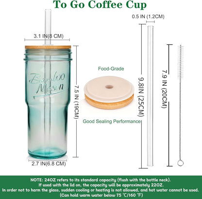 Glass Cups With Lids And Straws, Leakproof Tumbler 24oz Mason Jar Cups, Cap Cup Leak-Proof, Self-Assembly Silicone Straw, Reusable Iced Coffee Smoothie Matcha Cup Aesthetic Coffee Gifts Women