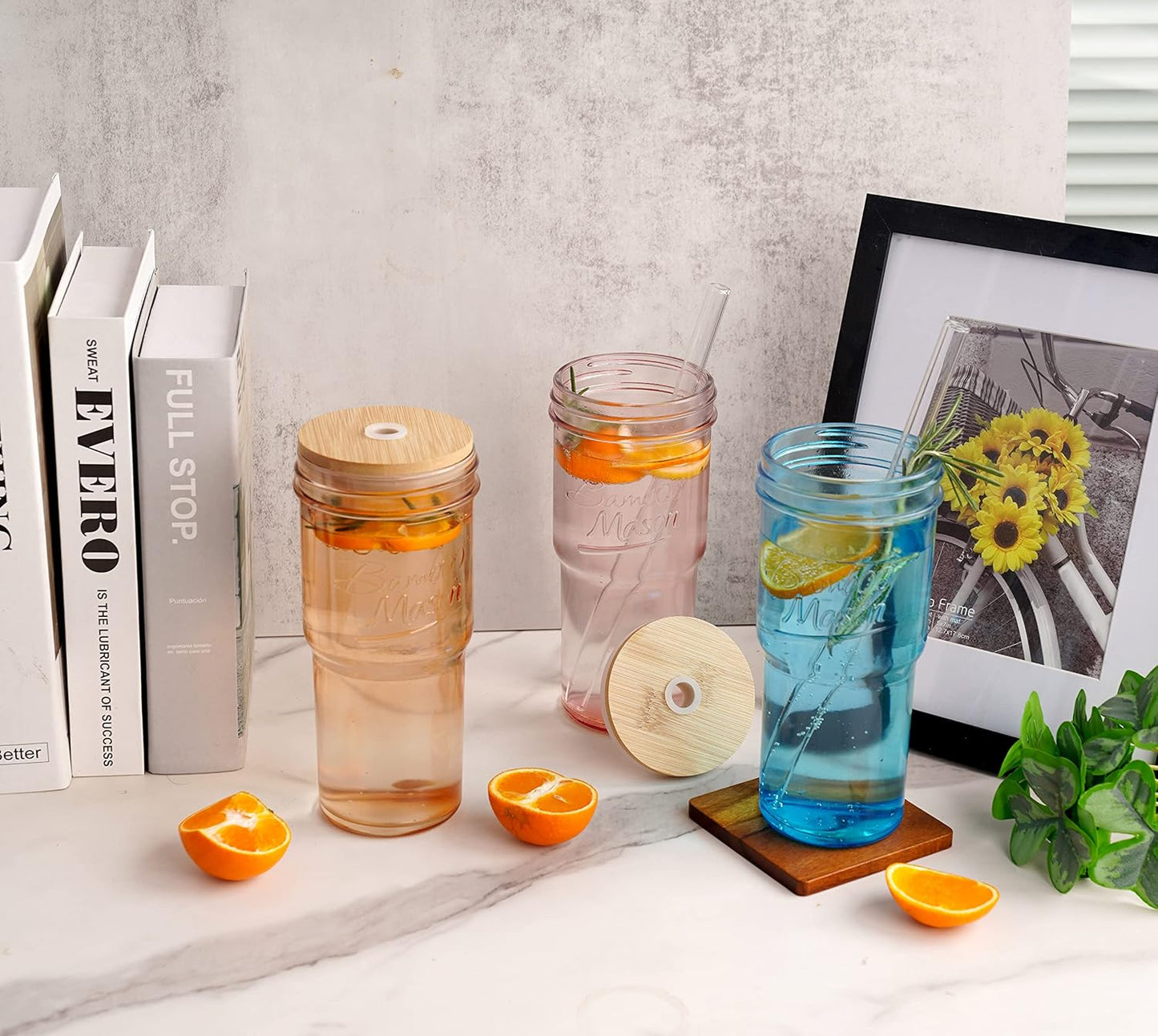 Glass Cups With Lids And Straws, Leakproof Tumbler 24oz Mason Jar Cups, Cap Cup Leak-Proof, Self-Assembly Silicone Straw, Reusable Iced Coffee Smoothie Matcha Cup Aesthetic Coffee Gifts Women