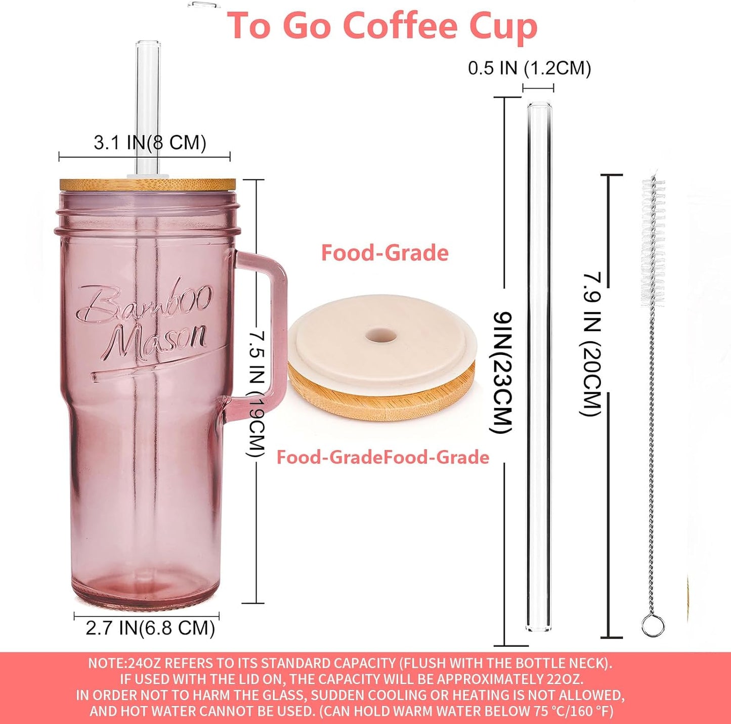 Glass Cups With Lids And Straws, Leakproof Tumbler 24oz Mason Jar Cups, Cap Cup Leak-Proof, Self-Assembly Silicone Straw, Reusable Iced Coffee Smoothie Matcha Cup Aesthetic Coffee Gifts Women