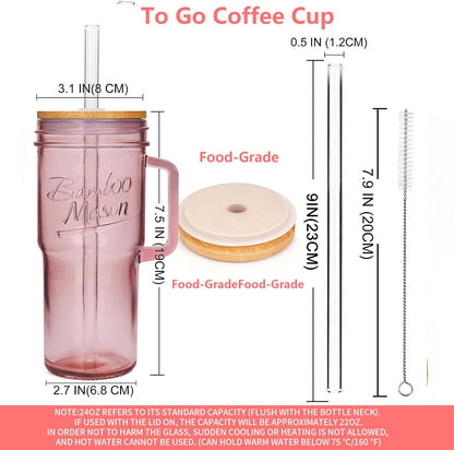 Glass Cups With Lids And Straws, Leakproof Tumbler 24oz Mason Jar Cups, Cap Cup Leak-Proof, Self-Assembly Silicone Straw, Reusable Iced Coffee Smoothie Matcha Cup Aesthetic Coffee Gifts Women
