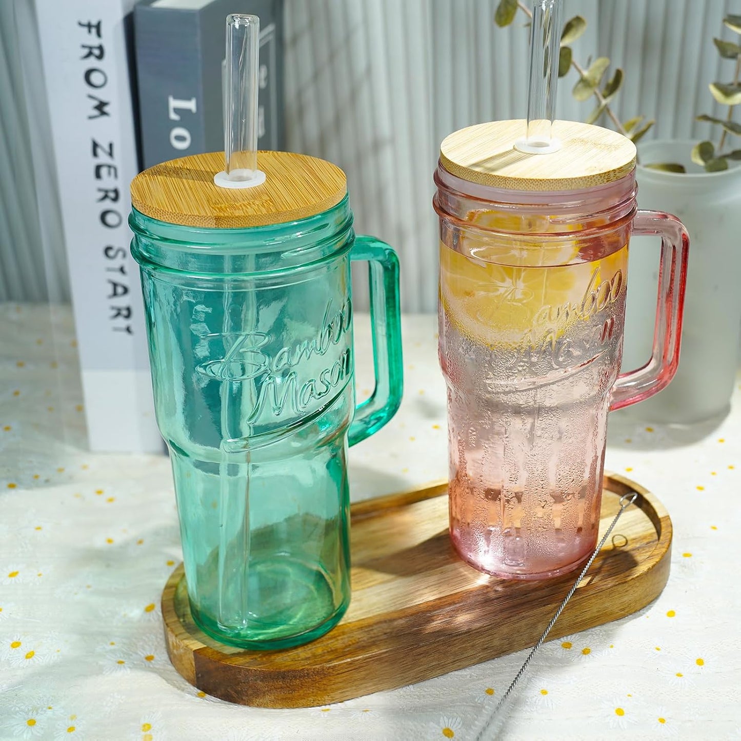 Glass Cups With Lids And Straws, Leakproof Tumbler 24oz Mason Jar Cups, Cap Cup Leak-Proof, Self-Assembly Silicone Straw, Reusable Iced Coffee Smoothie Matcha Cup Aesthetic Coffee Gifts Women