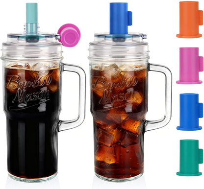 Glass Cups With Lids And Straws, Leakproof Tumbler 24oz Mason Jar Cups, Cap Cup Leak-Proof, Self-Assembly Silicone Straw, Reusable Iced Coffee Smoothie Matcha Cup Aesthetic Coffee Gifts Women