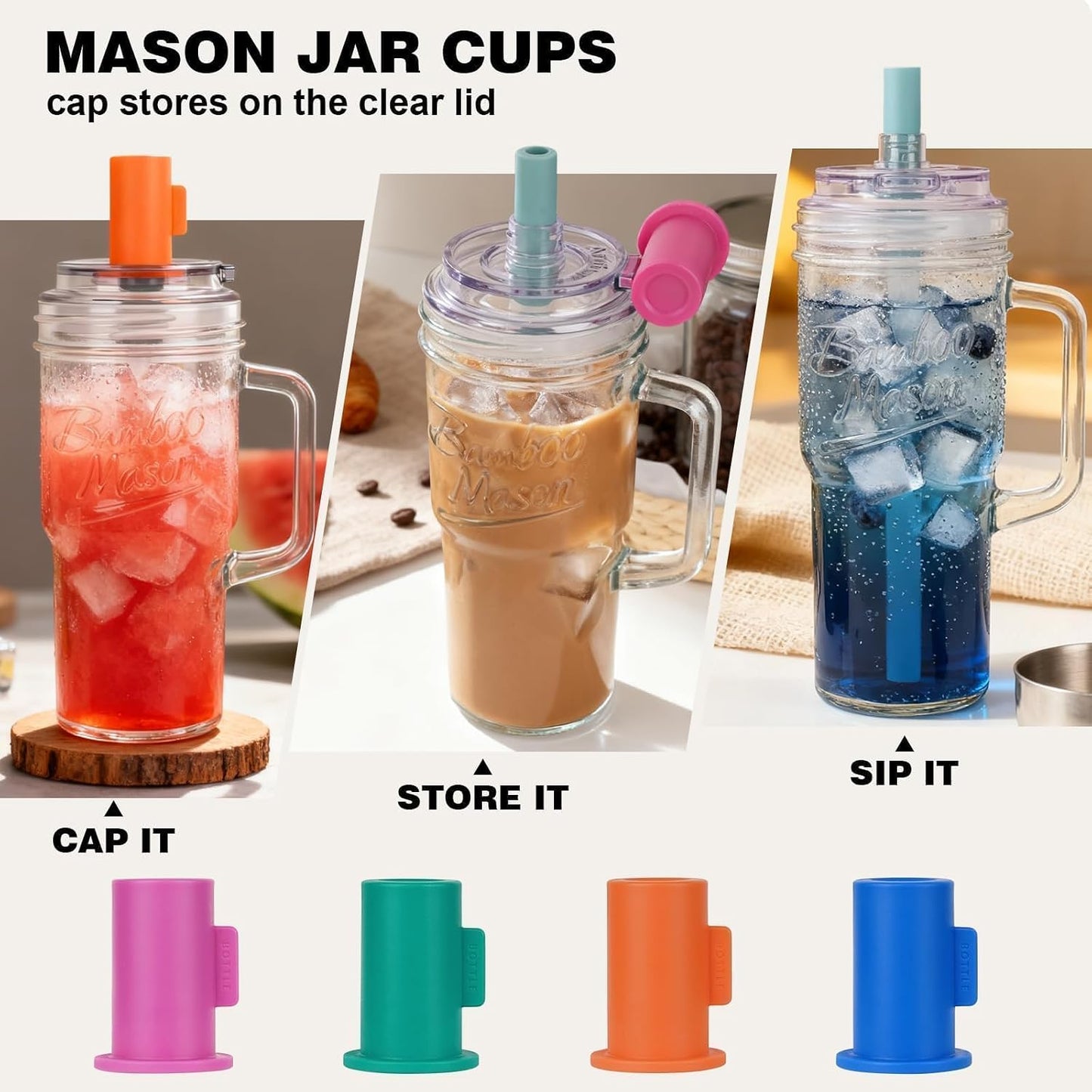 Glass Cups With Lids And Straws, Leakproof Tumbler 24oz Mason Jar Cups, Cap Cup Leak-Proof, Self-Assembly Silicone Straw, Reusable Iced Coffee Smoothie Matcha Cup Aesthetic Coffee Gifts Women