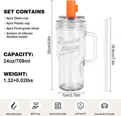 Glass Cups With Lids And Straws, Leakproof Tumbler 24oz Mason Jar Cups, Cap Cup Leak-Proof, Self-Assembly Silicone Straw, Reusable Iced Coffee Smoothie Matcha Cup Aesthetic Coffee Gifts Women