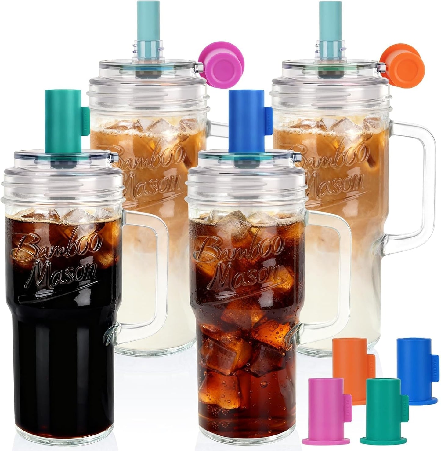 Glass Cups With Lids And Straws, Leakproof Tumbler 24oz Mason Jar Cups, Cap Cup Leak-Proof, Self-Assembly Silicone Straw, Reusable Iced Coffee Smoothie Matcha Cup Aesthetic Coffee Gifts Women